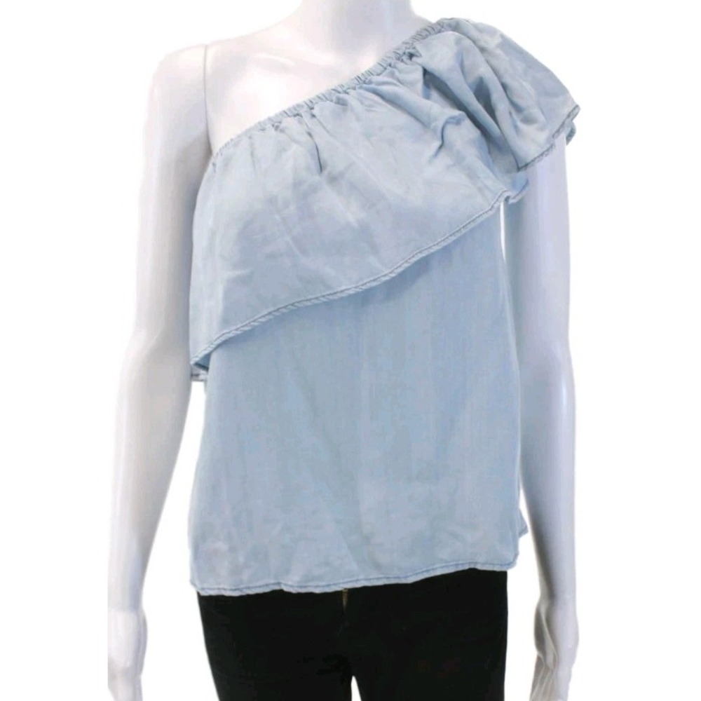BB Dakota Womens Chambray One Shoulder Ruffle Shirt Blouse Top Blue Sz S Anthro‎